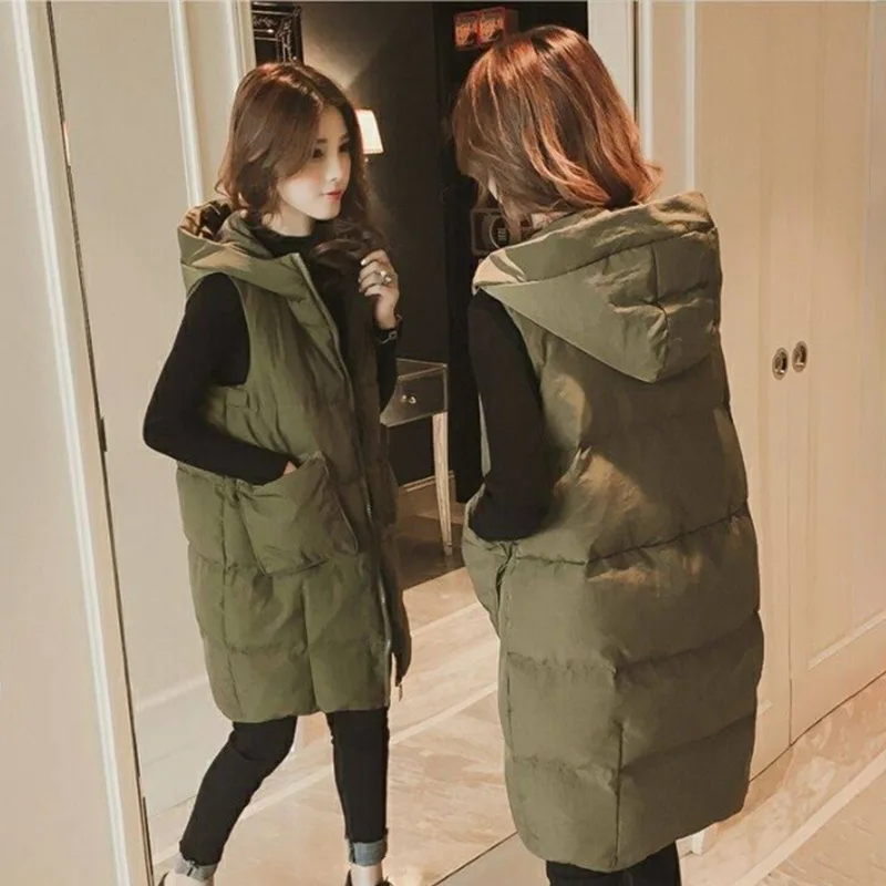 Women Sleeveless Zipper Vest Jacket Winter Glossy Thick Long Cotton Padded Ladies Stand Collar Shiny Waistcoat for Female | Женская