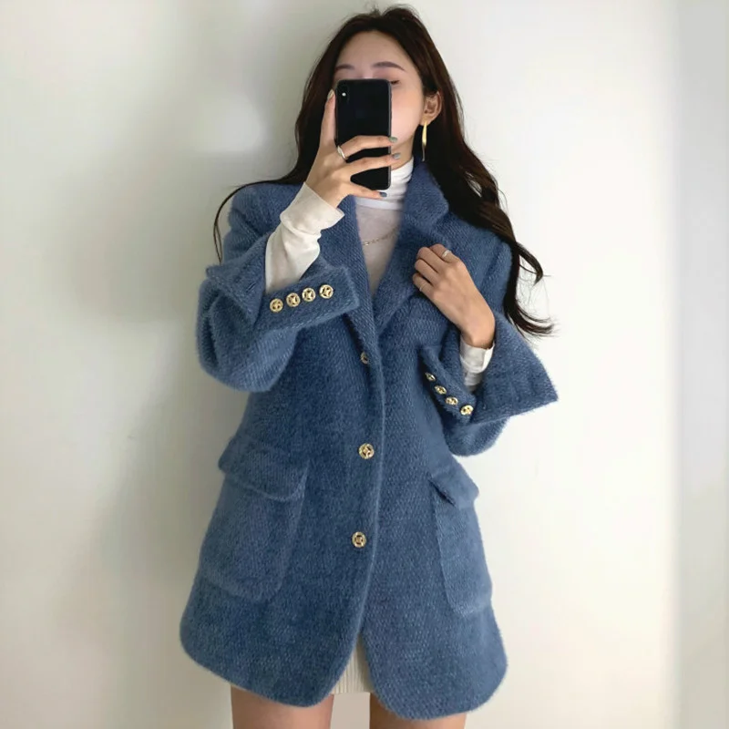 2022 New Double Pockets Warm Coats Women Korean Chic Notched Collar Straight Jackets Autumn Winter Vintage Single Breasted Tops