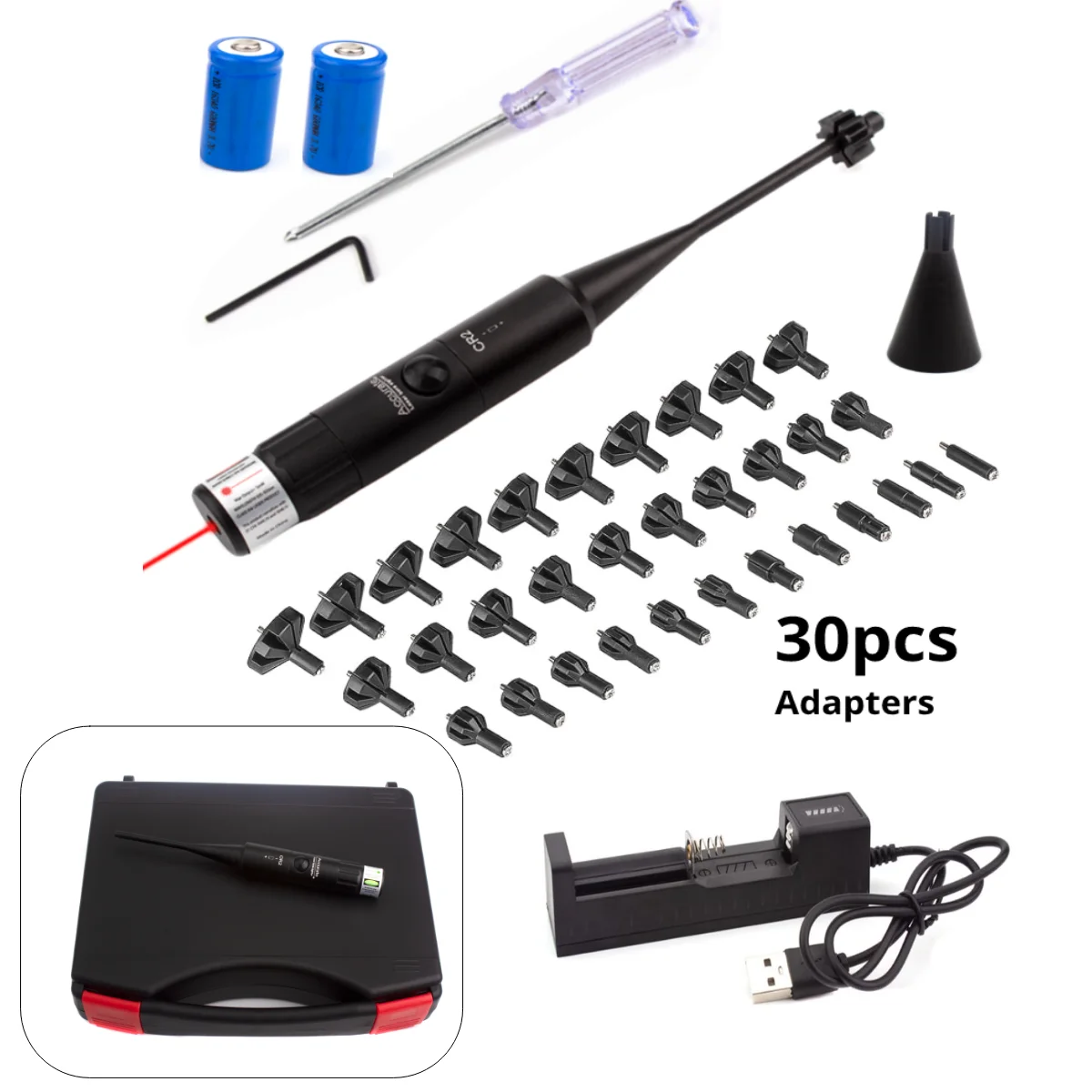 Bore Sight Kit 30Adpaters from .177 .22 to 12GA with Stable Centering Device Boresighter