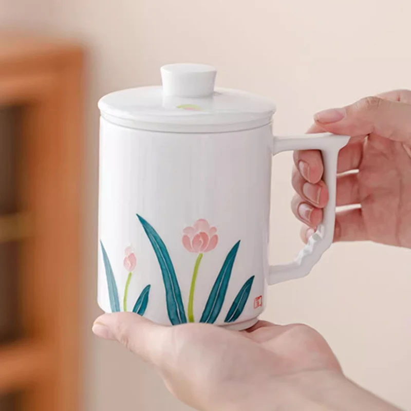Chinese Style Ceramic Mugs, Home Personal Office Creative Teacup With Cover, Filtered Tea Water Separation, Tea Cups, 450ml, 1Pc