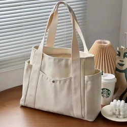 Spacious Canvas Tote Bag - Versatile Shoulder Bag for Work, College, and Shopping (White)