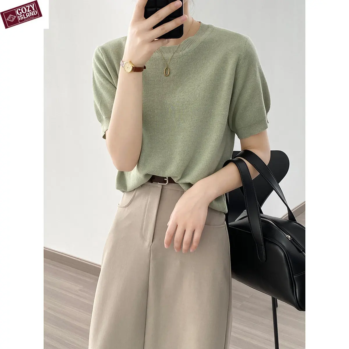 

Knitted Tshirts Women 2023 Summer Short-sleeved Tees Round Neck Bottoming Blank Teeshirt Niche Loose Solid Tops Elegant Tshirts