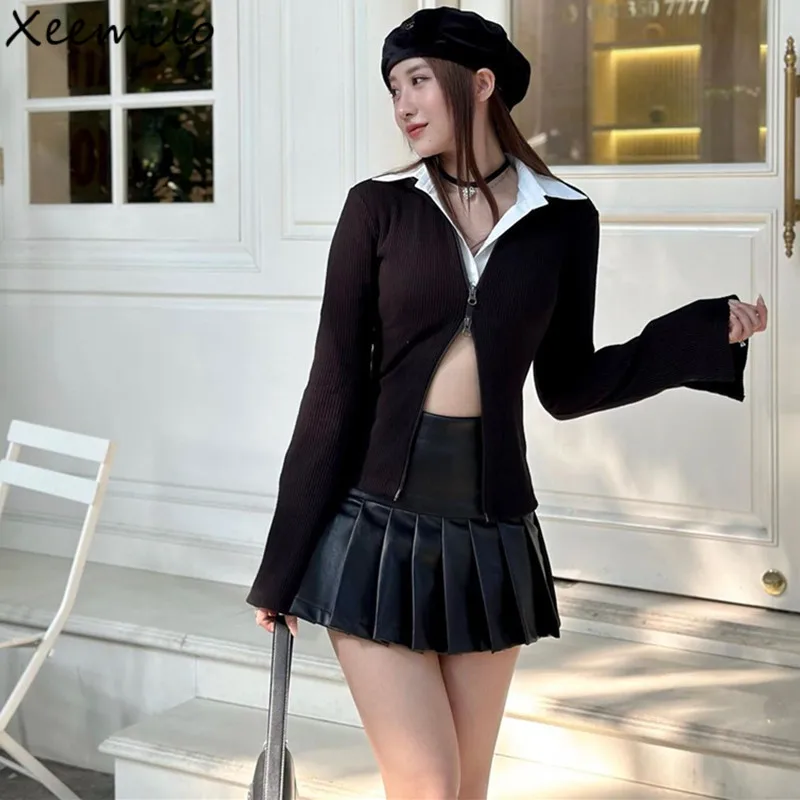 

Xeemilo 2023 Fake Two Piece Patchwork T Shirt Simple Casual Zip Cardigan Long Sleeve T-shirts Autumn Fashion Basics Women Tees