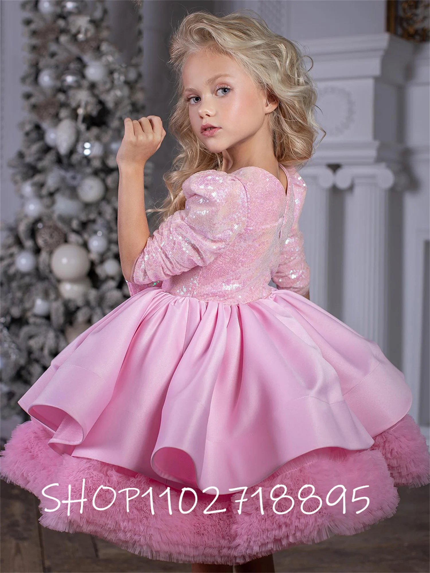 

Hot Pink Sequin Flower Girl Dress Square Neck Birthday Dress Half Sleeves Cute Baby Girl Dress Princess Dress First Communion
