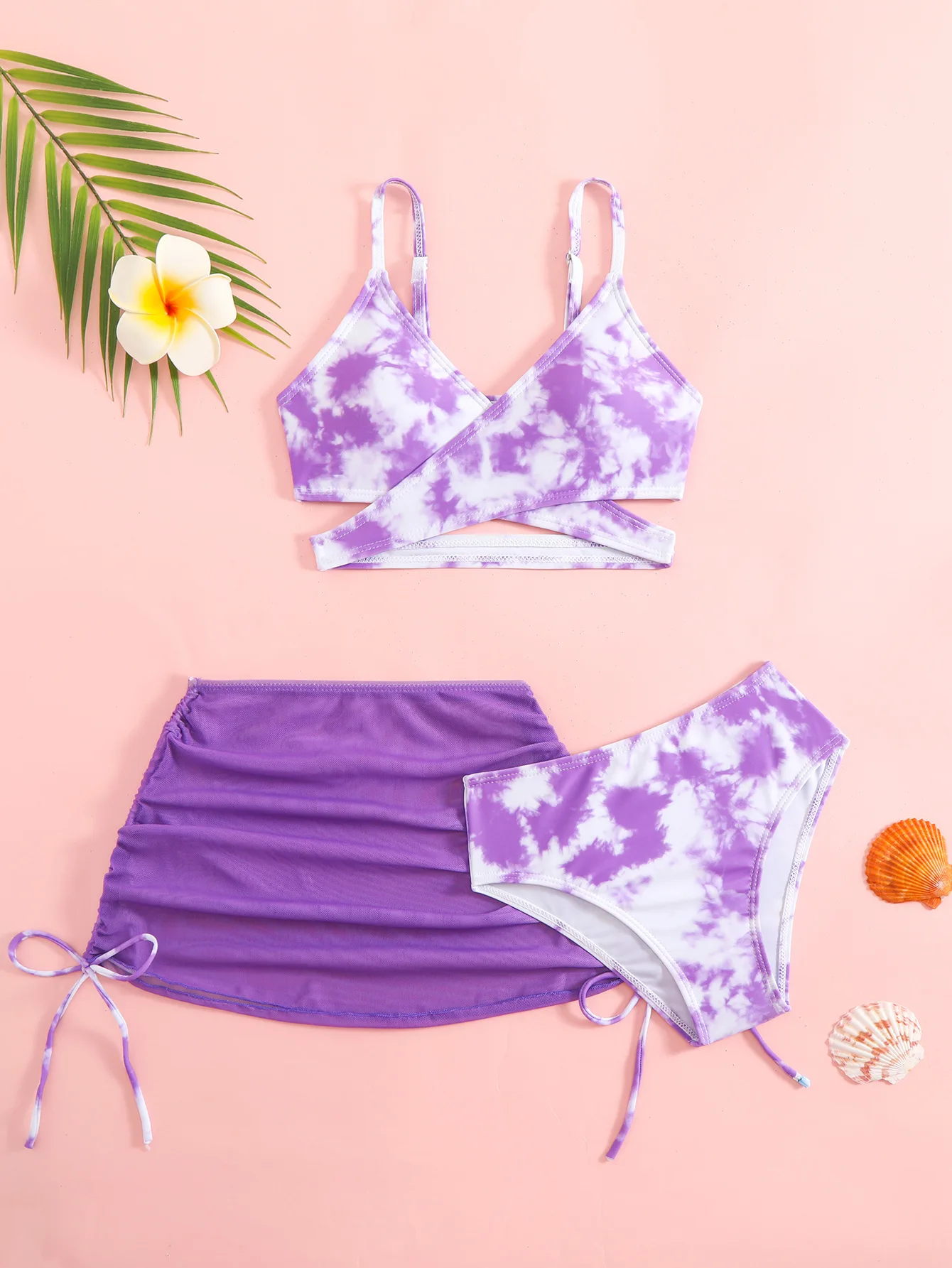 3pcs Swimming Suit for Girls Summer Beach Dress Swimsuit Tie-dye Printed Skirted Bikini Set Kids Bathing Suit
