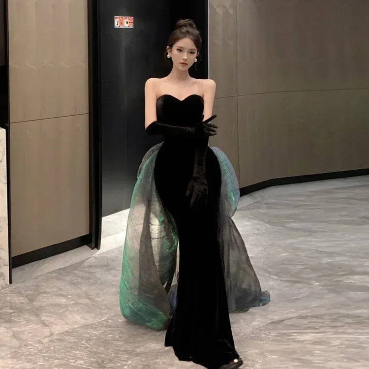 

Black Velvet Strapless Bow dress Birthday Party Stage Performance Annual Meeting Temperament Fishtail Wedding Evening Dress