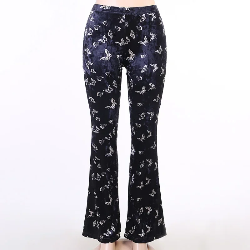 Harajuku Punk Streetwear Velvet Pants 2024 Women Vintage Elegant Gothic Black Butterfly Print Pant Fitness High Waist Trouser