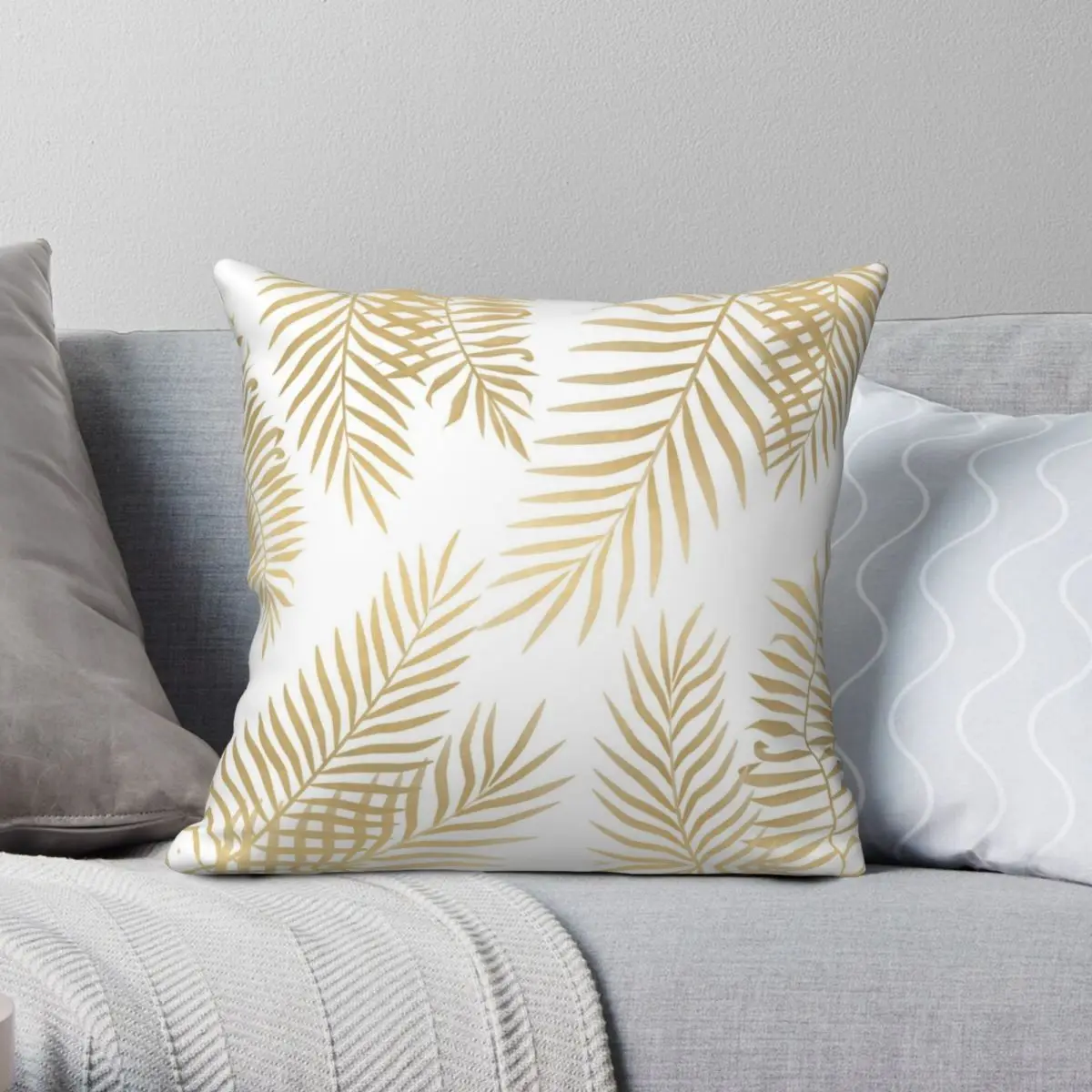 

Gold Tropical Palm Leaves Square Pillowcase Polyester Linen Velvet Creative Zip Decorative Sofa Cushion Cover 45x45