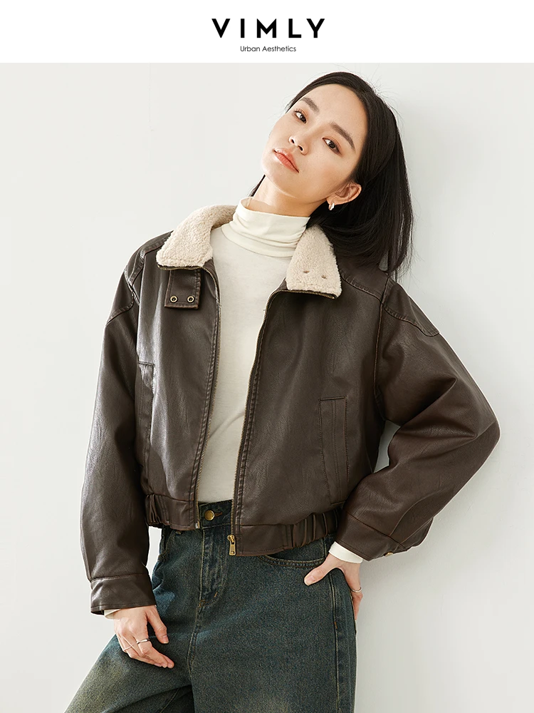 Vimly Lapel Zipper Leather Jacket Ladies 2023 Winter Thick Warm Long Sleeve Cropped Jackets Casual Loose Women's Outerwear 16385