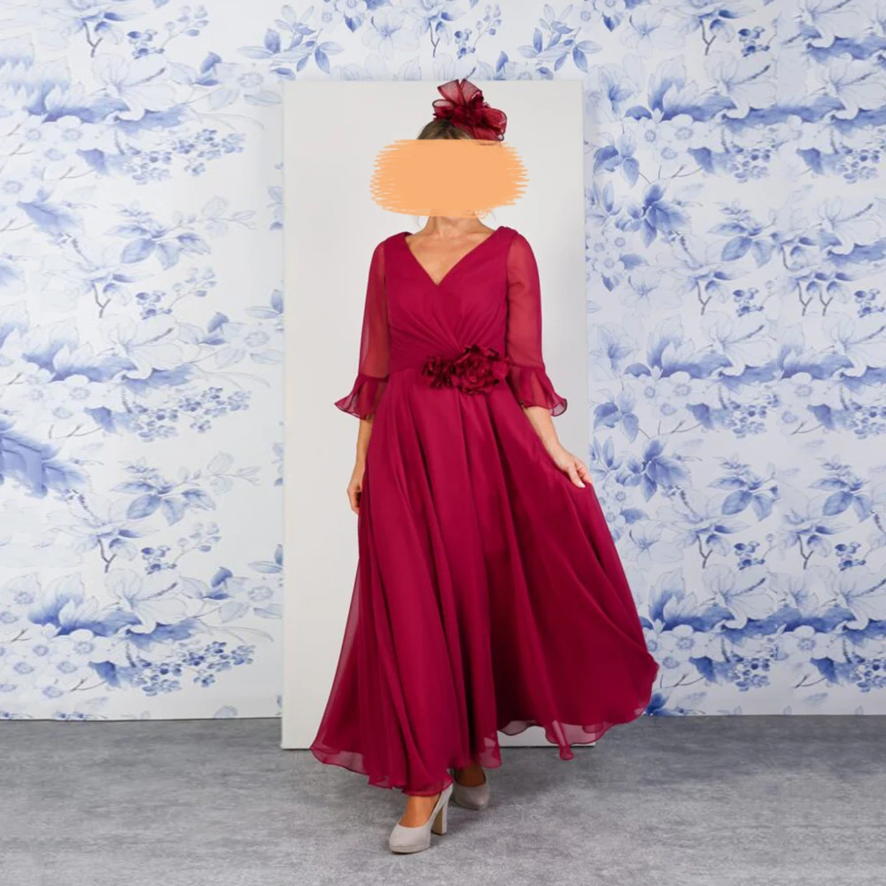 

Burgundy Mother of the Bride Dresses V-Neck Three Quarter Sleeve A-Line Ankle-Length Wedding Guest Gown Simple Chiffon Dress