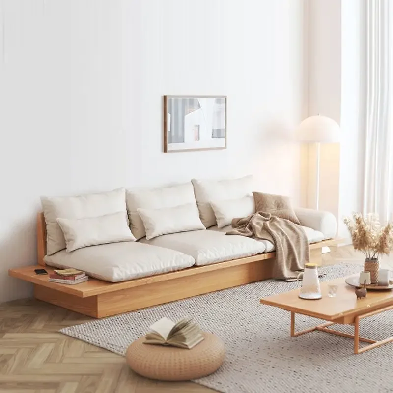 

Japanese style sofa, solid wood frame living room, small unit size, Nordic minimalist storage, three person platform, fabric art