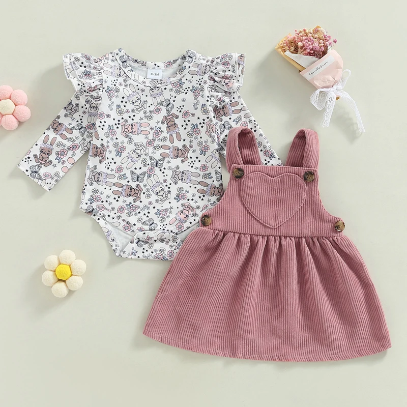 

0-18M Baby Girls Autumn Spring Outfit Sets Long Sleeve O Neck Floral Romper Corduroy Suspender Skirt Fashion Child Clothing Set
