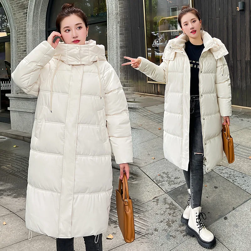 

2023 European New Winter Mid-length Over-the-knee Down Padded Jacket Female Korean Version Thickened Hooded Simple Bread Jacket