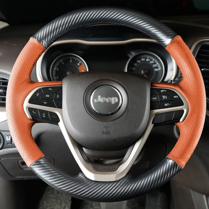 

Car Steering Wheel Cover For Jeep Patriot Grand Cherokee Compass Renegade Car Accessories DIY Alcantara Orange Leather Interior