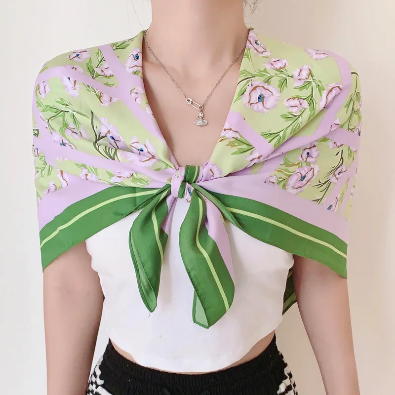 

2024 г., испанская мода, квадратные шелковые атласные шали в шотландскую клетку с цветочным принтом, Женский высококачественный шарф, Пляжная накидка, палантин, мусульманский хиджаб