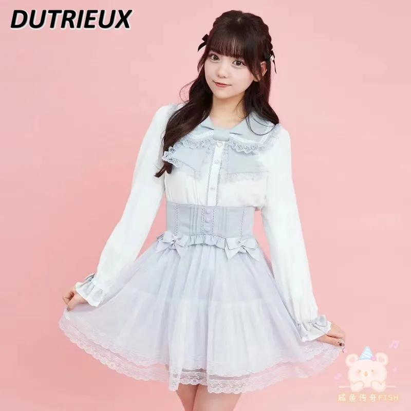 SC Two-Piece Set New Bow White Long Sleeve Doll Collar Bottoming Shirt and Lace Bow Yarn Skirt Suit College Style Sweet Outfits