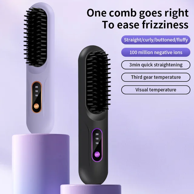 Riscaldamento elettrico Pettine per capelli lisci Schermo LCD USB Strumento per lo styling portatile senza fili agli ioni negativi Spazzola per lisciare ricaricabile 3