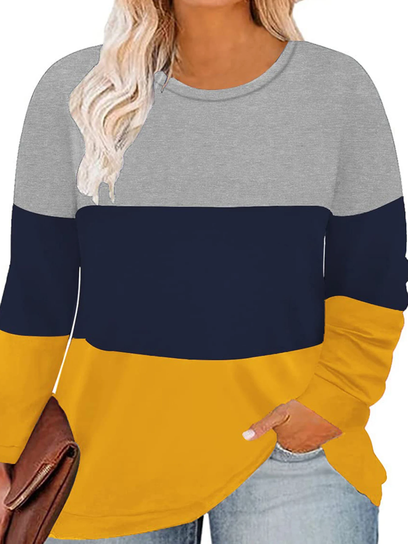 

Long Sleeve Shirts Plus-Size Tops for Women Color Block Tunics