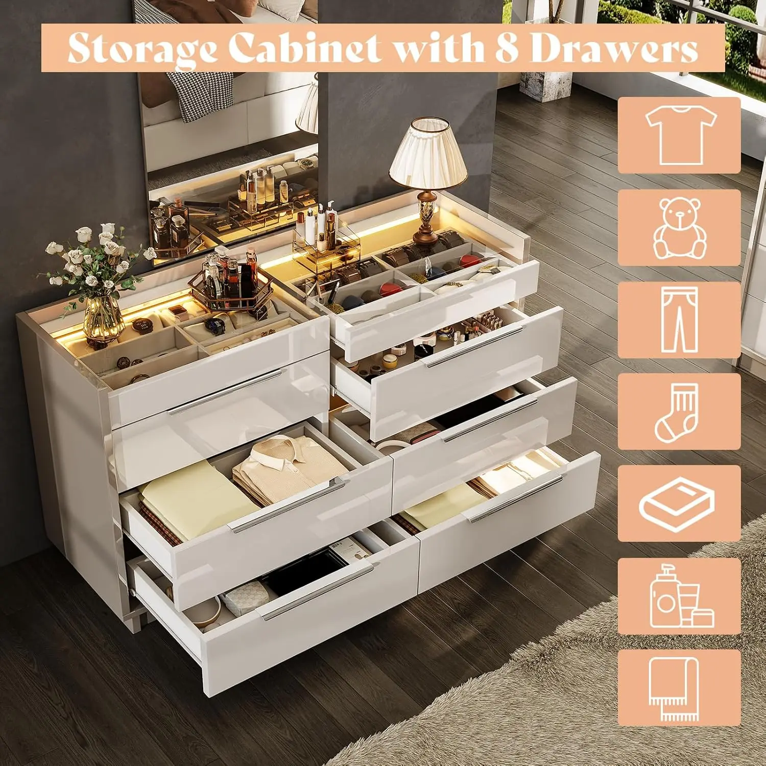 47.2" 8 Drawer Dresser with LED Light, Modern High Gloss Chest of Drawers with Glass Tabletop & 2 Six-Grid Jewelry Drawers