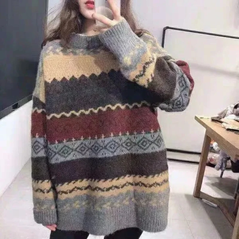 JMPRS Pullover Women Sweater Vintage Loose Casual Geometric Retro Lazy Female Harajuku Korean Style Knit Jumper Ulzzang Chic Top cable knit sweater