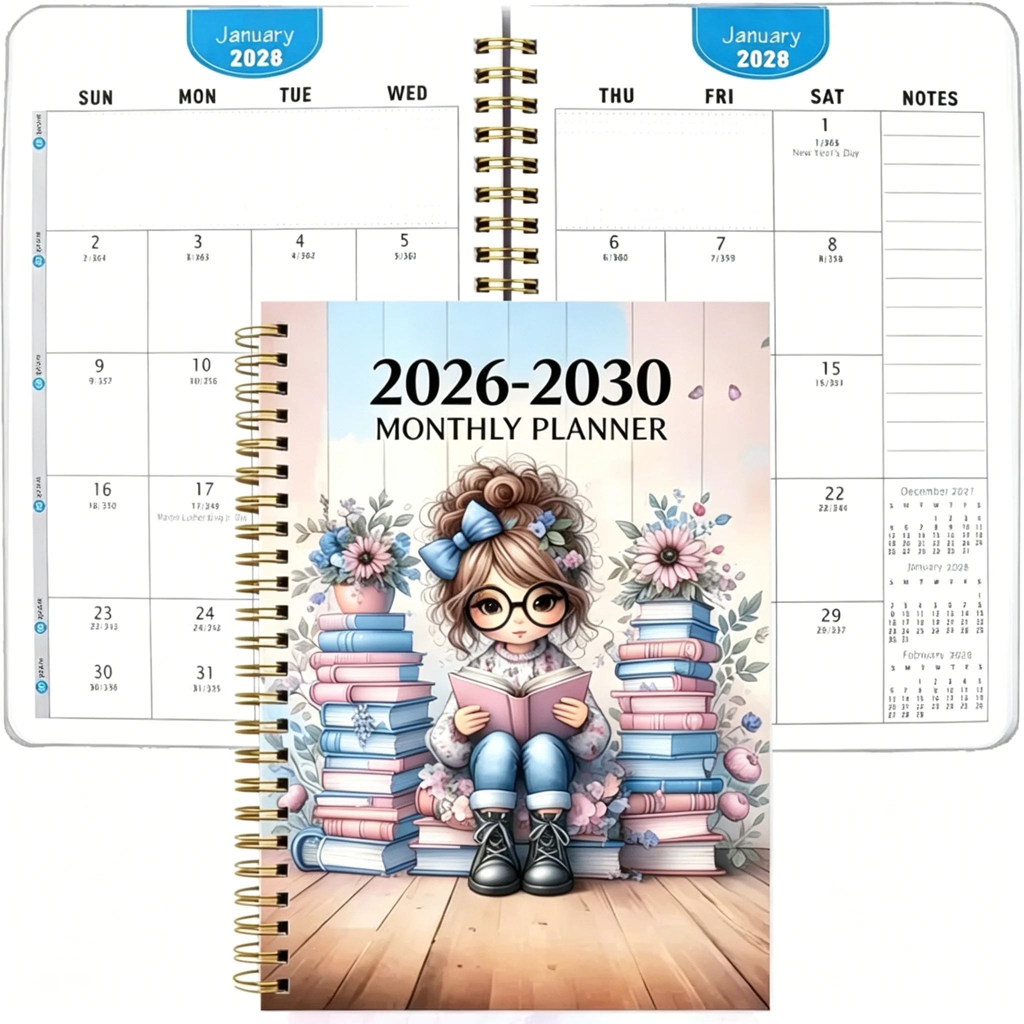 2026-2030 월간 플래너, 5년 학업 다이어리, 스프링 제본 북 러버 노트, 5.5인치 x 8.3인치, 71페이지