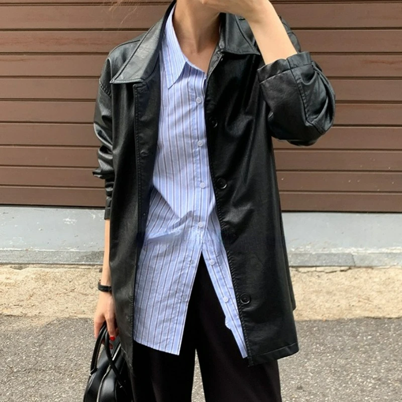 Женское кожаное пальто средней длины, универсальное, простое и минималистичное пальто из кожи, осень 2023