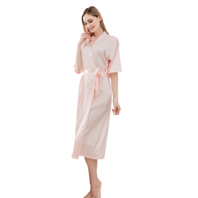 Hot Plus Long Bathrobe Faux Silk Bathrobe Bathrobe Solid Color Micro Stretch Robe Ladies Thin Sexy Comfortable Home Bathrobe