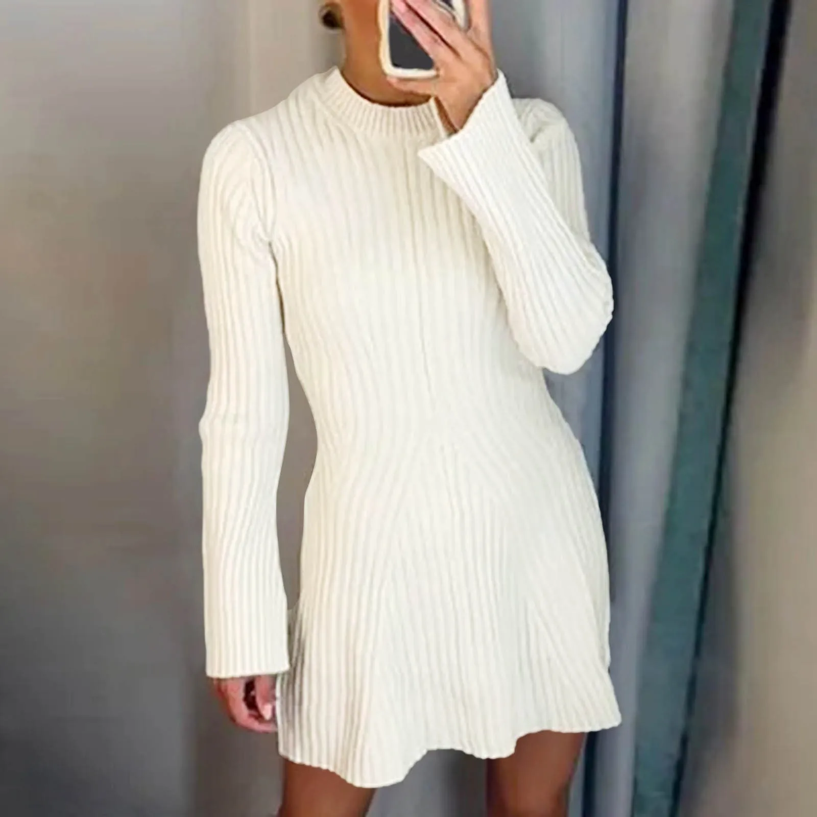 

Female Elegant Solid Ribbed Knitted Dress Fashion O Neck Long Sleeve Mini Dresses 2023 Autumn Winter Women Party Club Robes