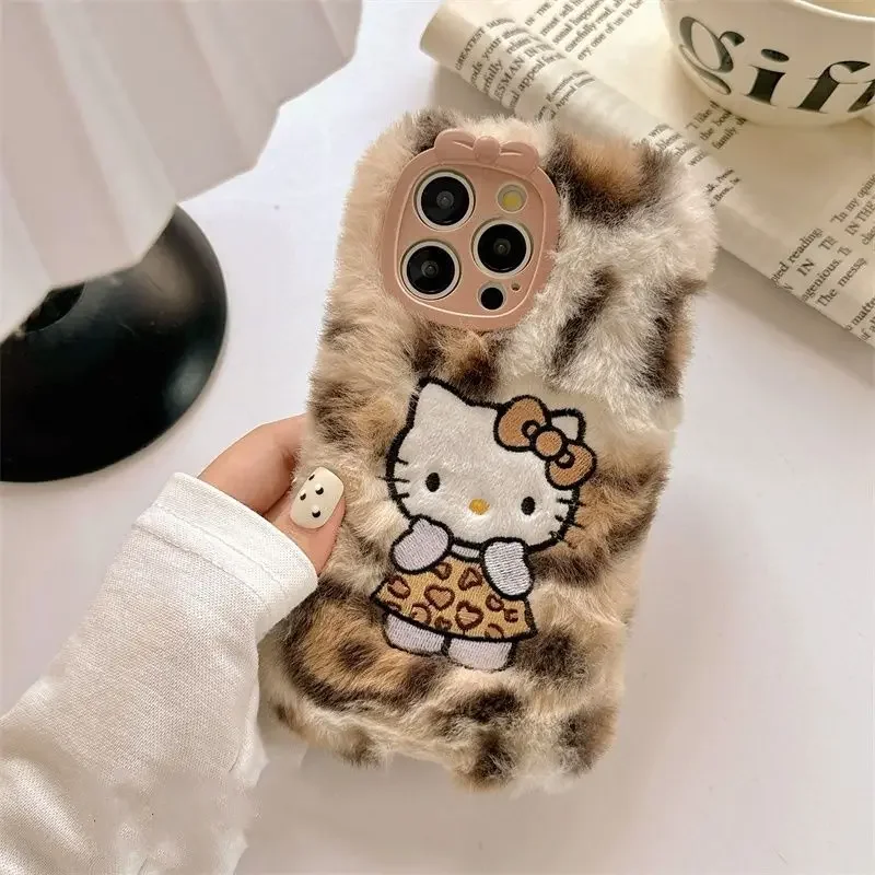Y2k Hello Kitty Kawaii Plush Leopard Print Phone Case for