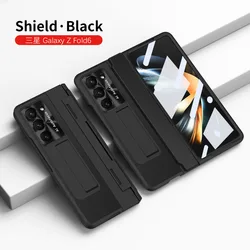 Premium PU Leather Phone Case with Glass Film and Pen Stand Hinge Protection Cover - Galaxy Z Fold4 (BlackA(Without Pen))