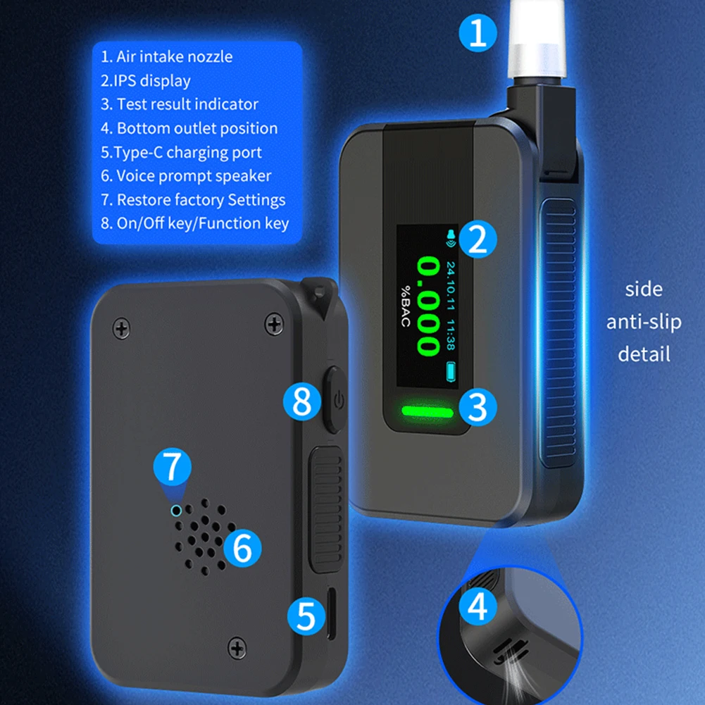 Electrochemical Alcohol Tester IPS Display Non-Contacting Electronic Breathalyzer Portable Alcohol Meter for Outdoors Expressway
