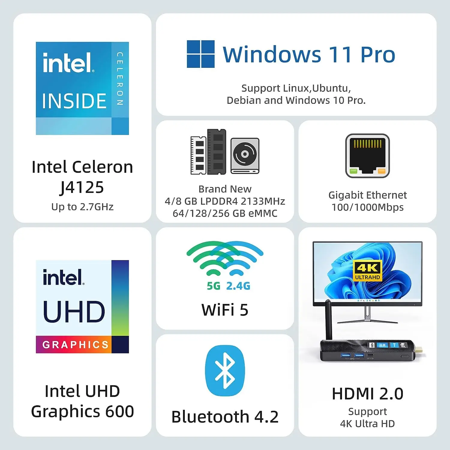 Mini PC CHUWI HeroBox Windows 10 Mini Desktop Computer PC, Intel Celeron  J4125 8GB LPDDR4 256GB SSD,4K, HDMI,Micro PC with Dual Band WiFi, Gigabit
