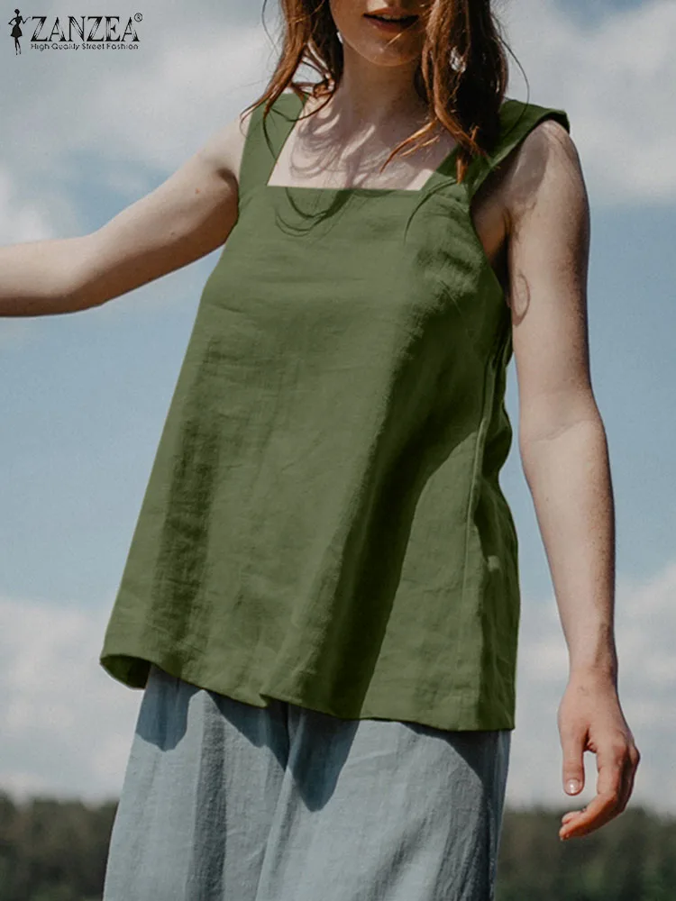 

ZANZEA Fashion Woman Chemise Summer Sleeveless Tank Tops Square Collar Solid Blouse Casual Elegant Beach Shirt 2023 Oversized