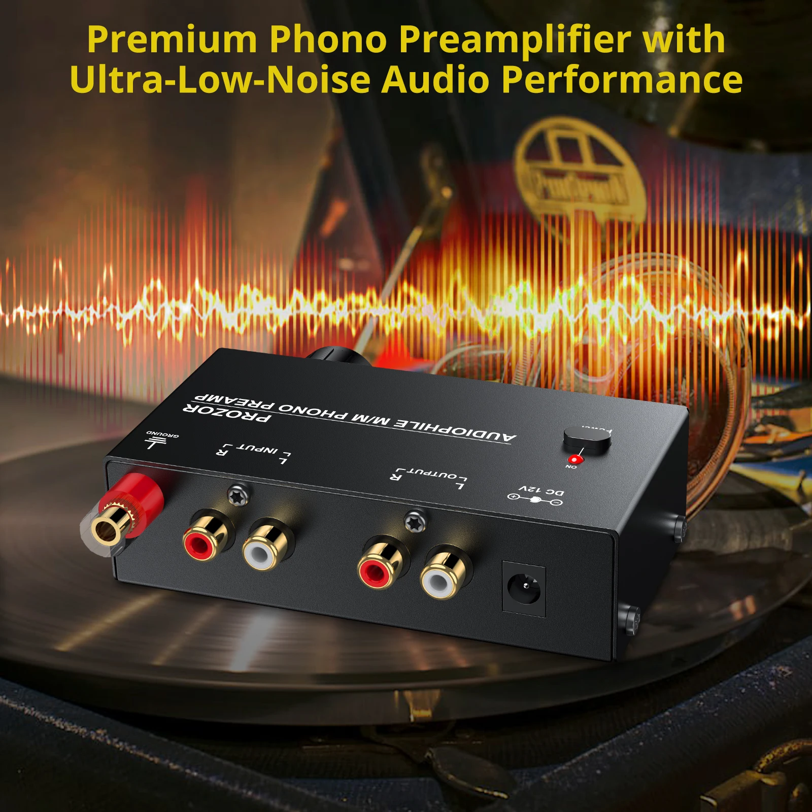 YGiTK MM Phono-voorversterker, vergulde RCA-ingang/uitgang DC 12 V, mini- stereo-voorversterker met weinig ruis, met volumeregelaar, gecertificeerde voedingsadapter