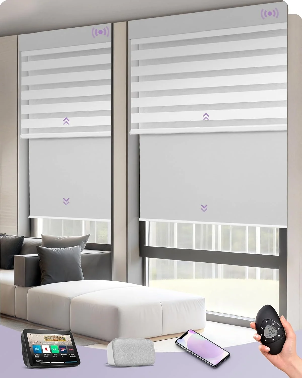 ม่านม้วนซีบร้าสองชั้นแบบมอเตอร์ควบคุมระยะไกล ผ้าคุณภาพสูงเกรดสำหรับเด็ก ใช้ระบบ Zigbee สำหรับบ้านอัจฉริยะ ขายดีที่สุด 1