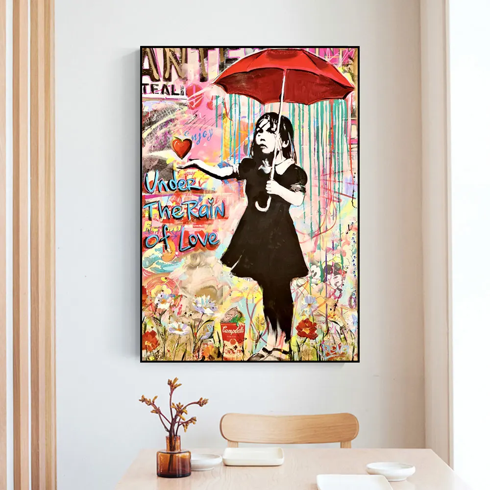 

Under The Rain Of Love Poster Canvas Painting Graffiti Girl With Umbrella Pop Wall Art Prints Picture Living Room Home Decor