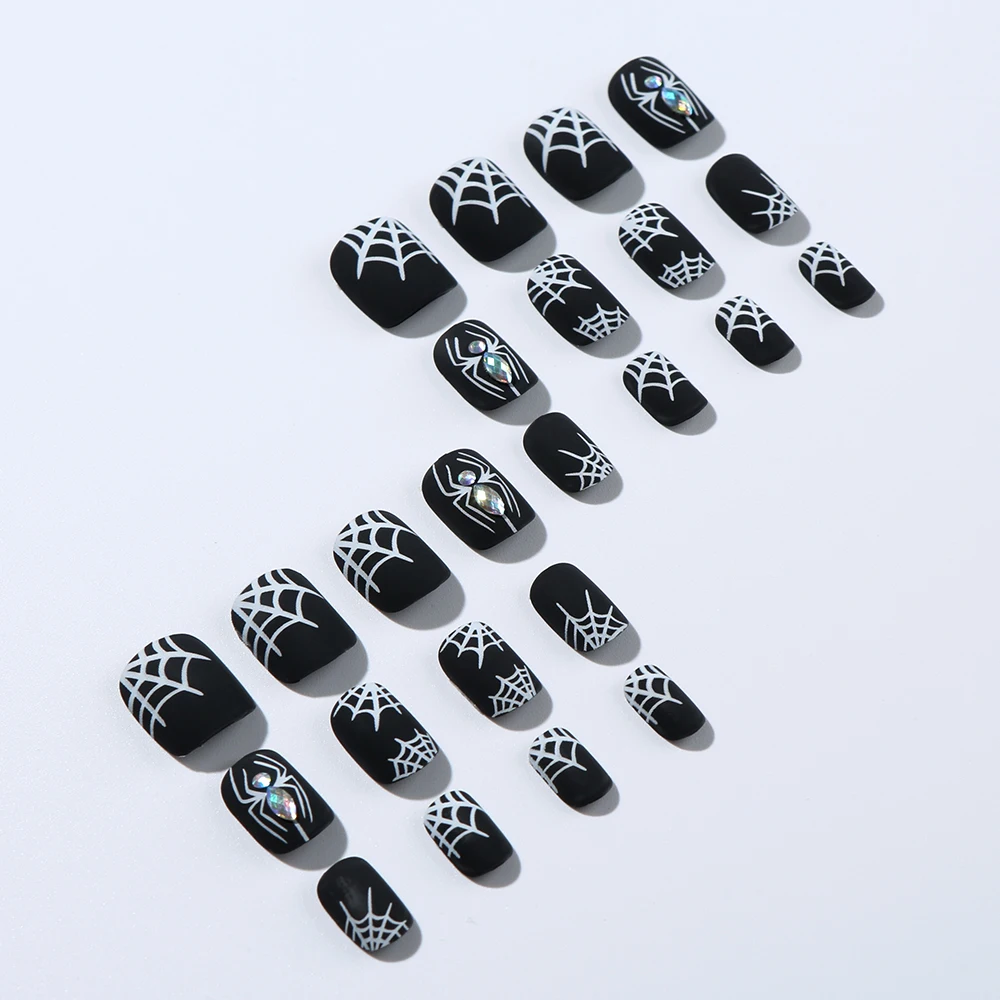 24Pcs Black Halloween Fake Nail Tips with Diamond Spider Web Design Press On Nails Short Square Wearable Y2K False Fingertips 1