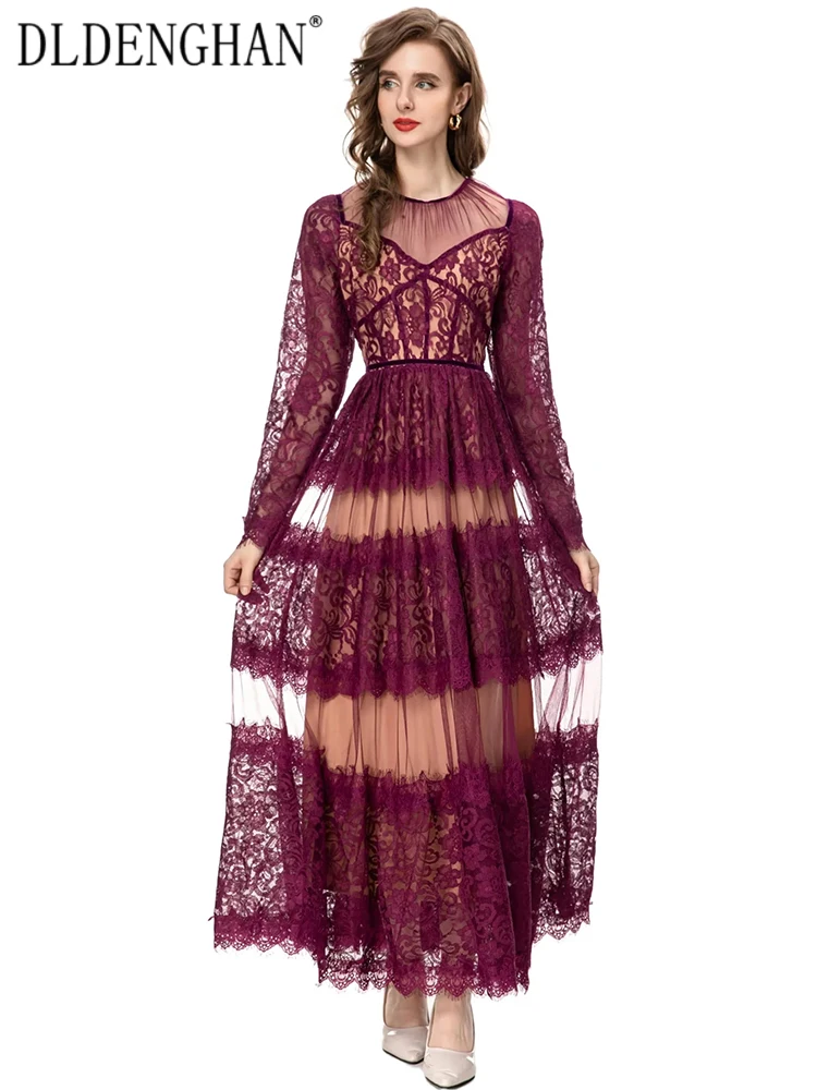 

Осеннее кружевное платье DLDENGHAN, женские винтажные длинные платья с круглым вырезом и длинным рукавом, сетчатые Лоскутные Платья, модный дизайн, новинка