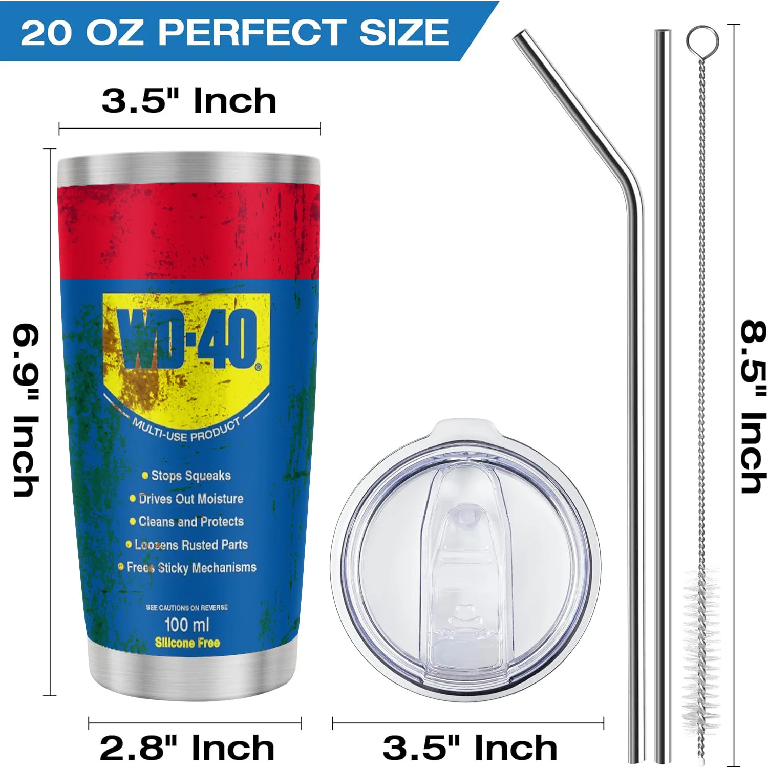 20Oz WD40 Stainless Steel Vacuum Insulated Tumbler Double Wall with Straw and Lid keep Cold Hot Drink Car Cup Distressed Design