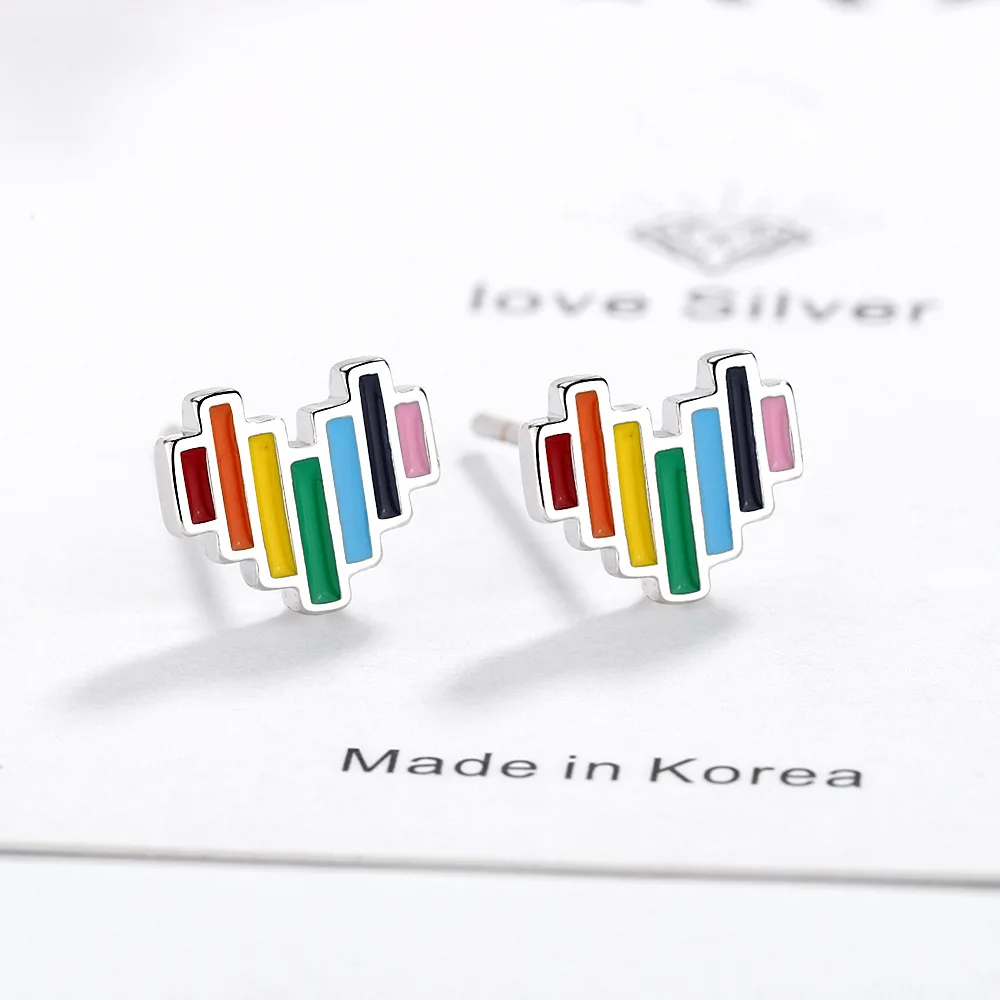 

925 Sterling Silver Rainbow Heart Small Piercing Stud Earrings For Women Luxury Designer Party Jewelry Accessories Free Shipping