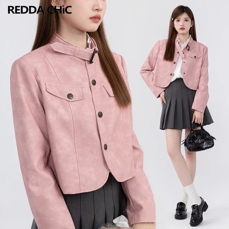 

ReddaChic 90s Vintage Long Sleeves Leather Cropped Jacket for Women Coat Solid Pink Windbreaker Korean Fashion Y2k Autumn Outer