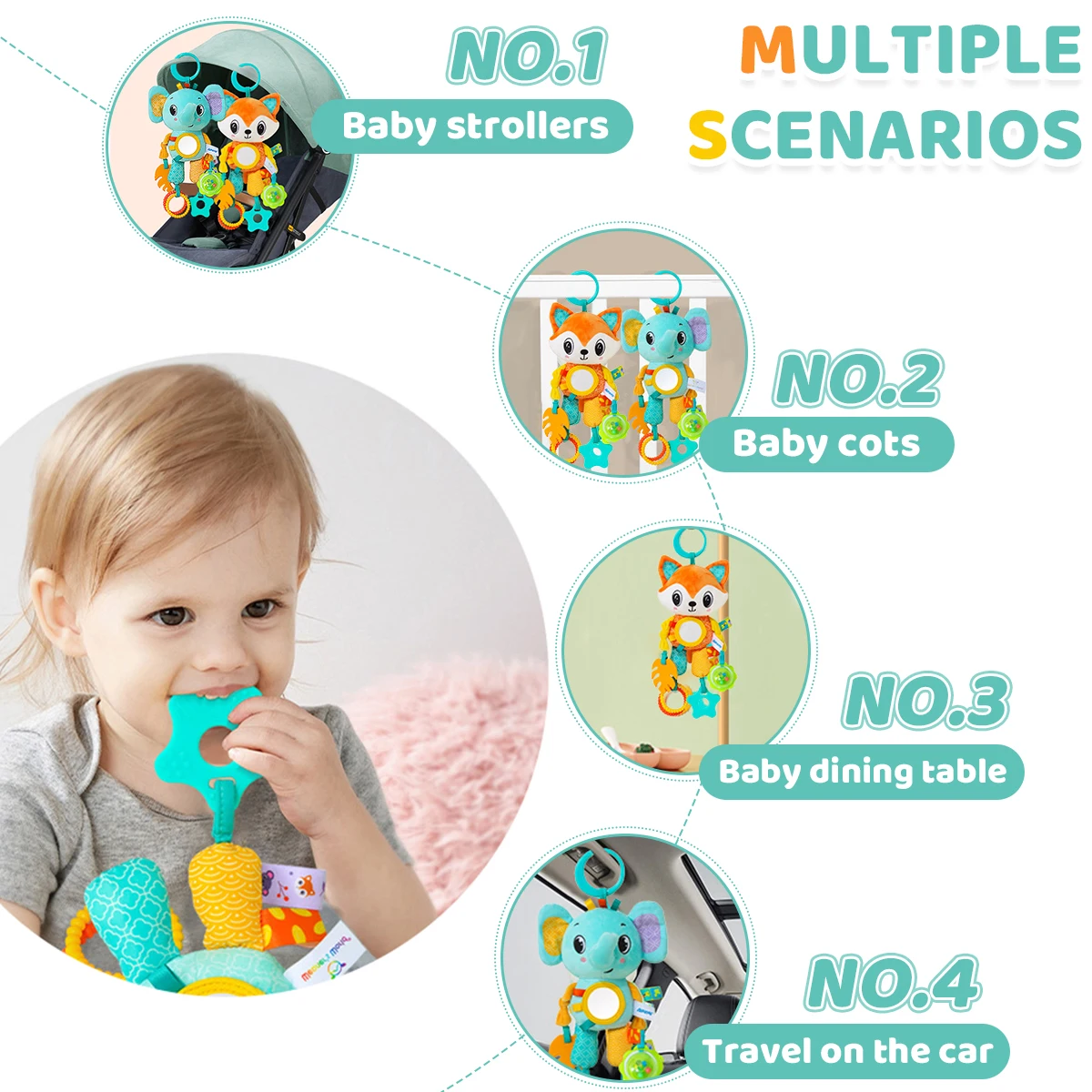 Soft Hanging Crinkle Squeaky Sensory LearningToy Stroller Car Seat Crib Travel Plush Animal Wind Chime with Teether Boys Girls 3