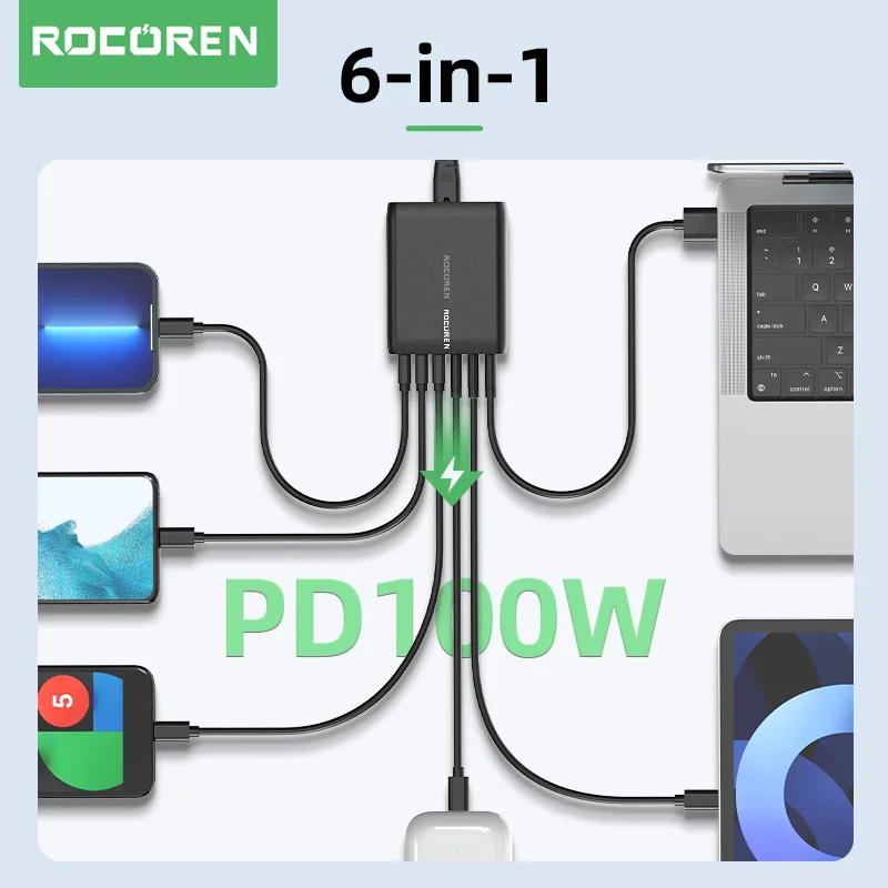 로코렌 100W GaN 충전기 USB 타입 C PD 고속 충전기 퀵 차지 4.0 3.0 다중 데스크탑 충전 스테이션 아이폰 17 프로 맥스용