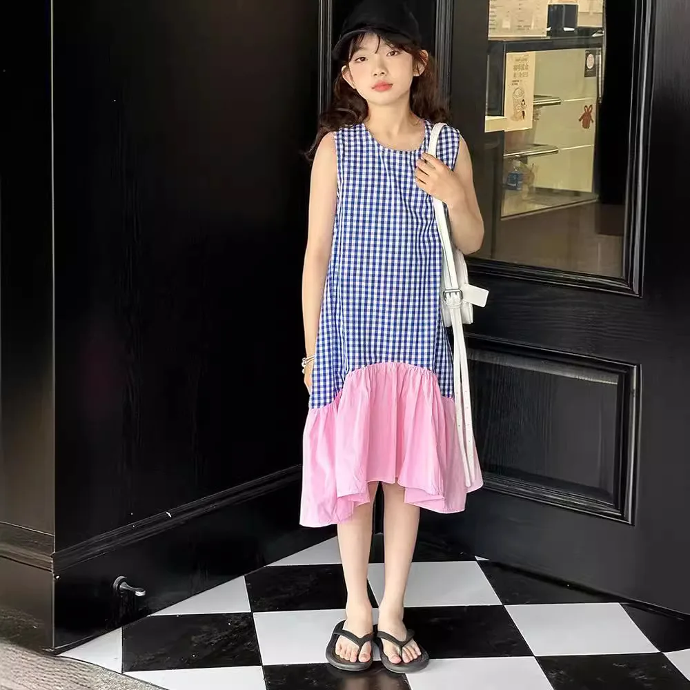 

Girls plaid dress 2024 new large children's summer princess dress Korean style children's color matching dress