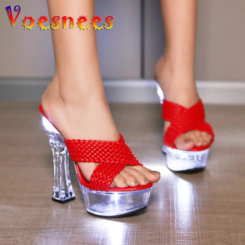 

Sexy Street Style Weave High Heels Fashion Peep Toe Sandals Square Heel 15CM Platform Slippers Summer Transparent Women Shoes