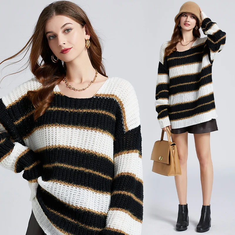 

Autumn Winter Striped Loose Color Contrast Pullover Sweater Women Casual Knitted Jumper Top