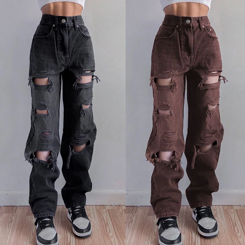 New Street Jeans Women's Fashion Jeans Women's High Waist Loose Wide Leg Pants Personality Girl Hole Straight Leg Pants Women 2021 autumn new jeans women s plus size korean version of loose and thin high waist straight leg pants fashion old pants