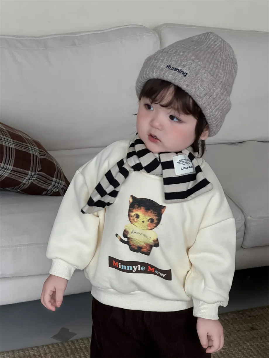 2025 Winter New Baby Fleece Sweatshirt Cute Kitty Print Infant Girl Plus Velvet Thick Warm Pullover Cotton Toddler Casual Tops