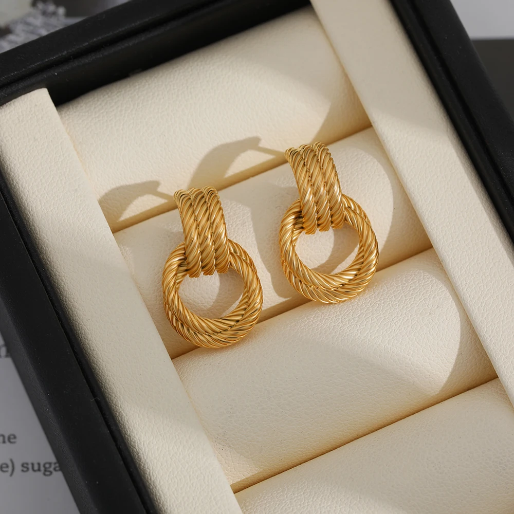 Twisted Three Layers Rope Dangling Knot Stud Earrings Double Hoop Statement Earring Minimalist Retro Jewelry Sister Gift Серьги