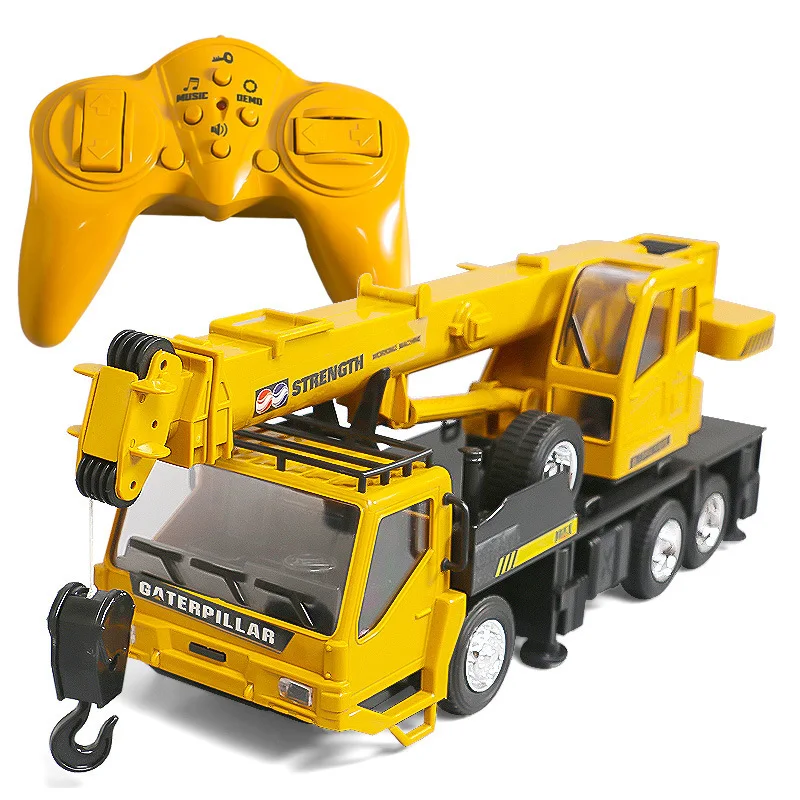 Boîte du jouet RC avec l'image de la grue et les caractéristiques affichées.